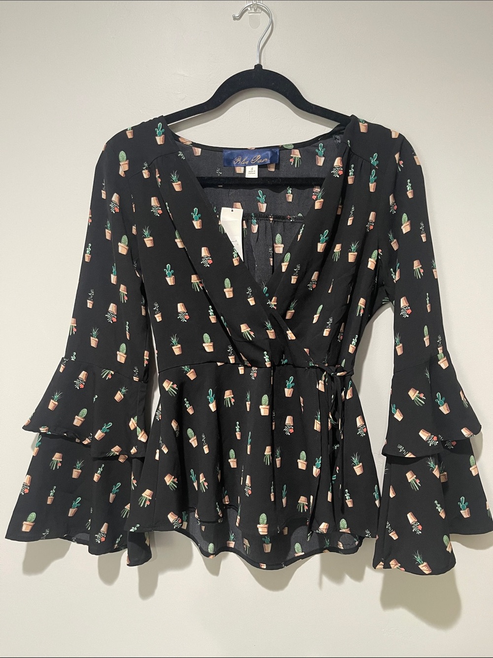 Cactus print bell sleeve blouse